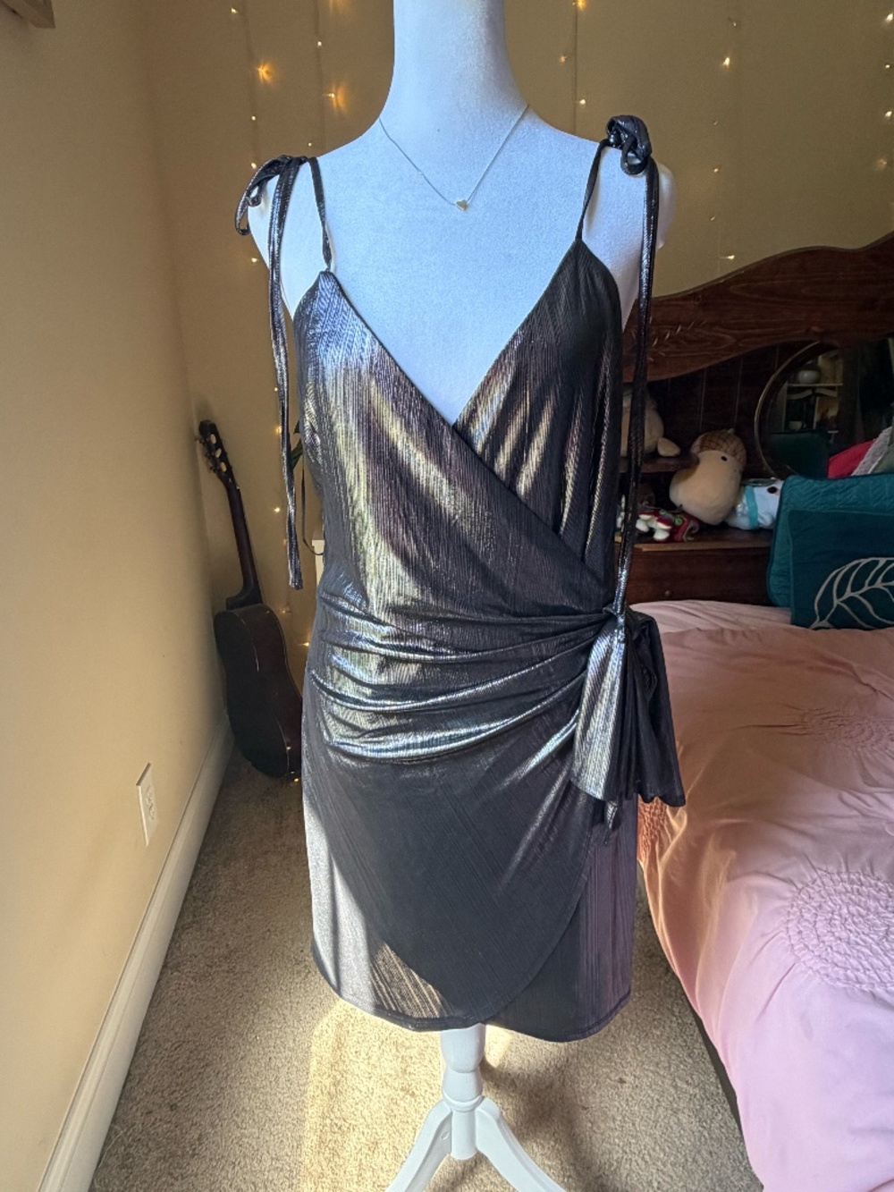"Meet Me There" wrap mini dress in charcoal gray.